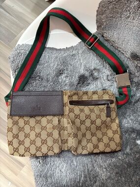 Gucci Beige/Brown GG Canvas Belt Bag with Green-Red Web Strap